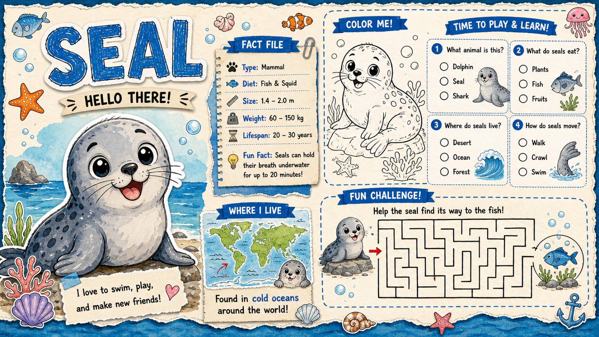 Sea Animals Educational Worksheets Activity Book